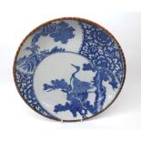 A Chinese circular Plate decorated in underglaze blue with panels of cranes and foliage, 12”