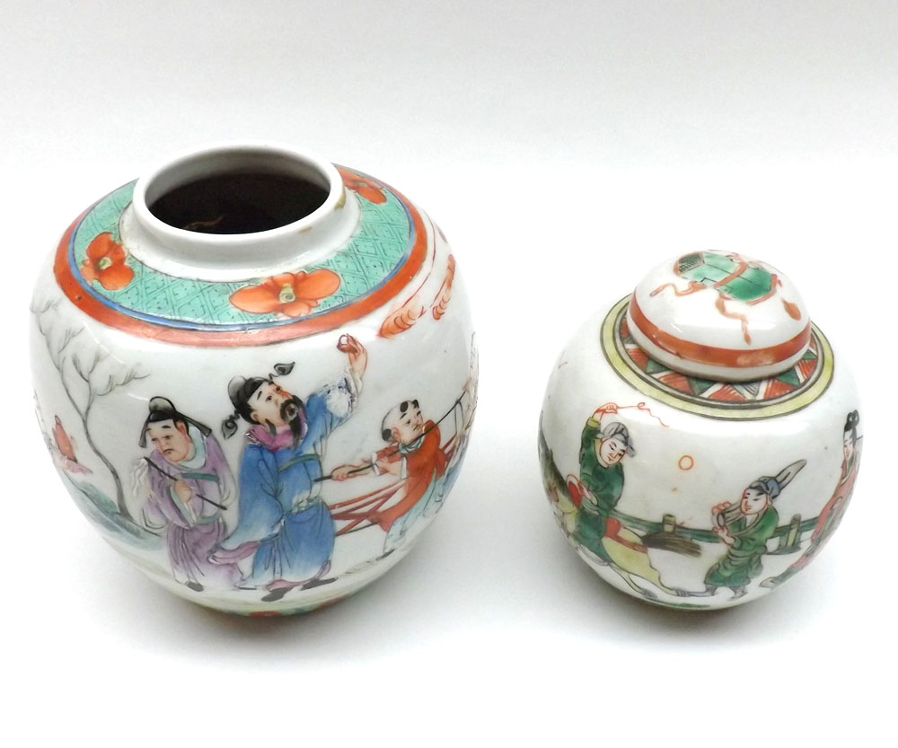 A Mixed Lot of two early 20th Century Chinese Ginger Jars, both decorated in colours with scenes