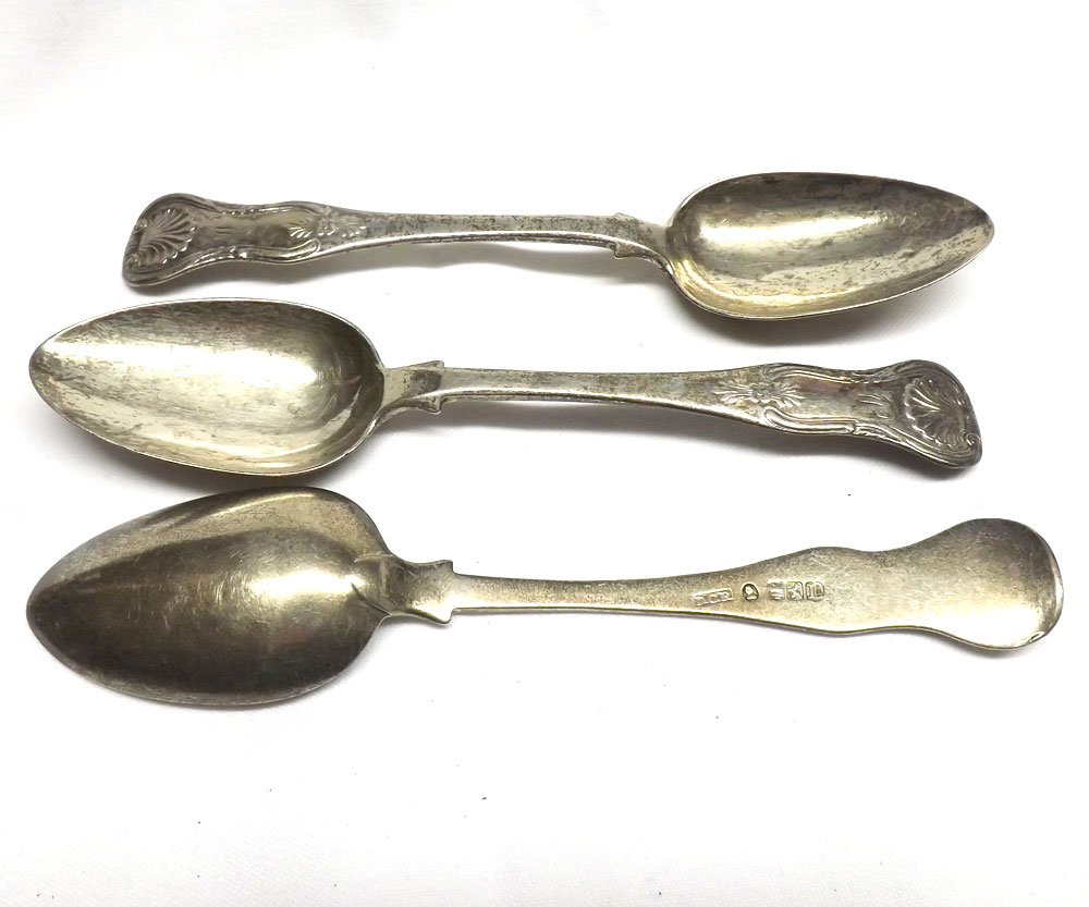 Three William IV Scottish Silver Dessert Spoons, single struck Kings pattern, Glasgow 1830, Maker