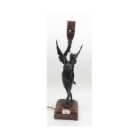 A Bronze Table Lamp Base, modelled as an angel, raised on a stepped square marble base, marked