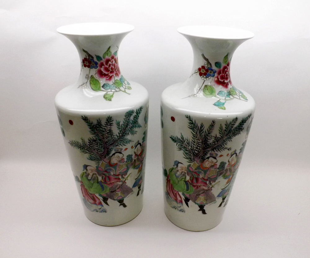 A pair of Chinese Large Baluster Vases with Flared Rim, painted in colours with scenes of warriors