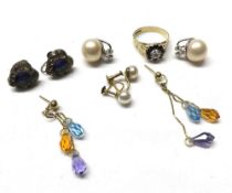 Mixed lot including Silver Gilt and Sapphire small Diamond pair of pearl type earrings and others