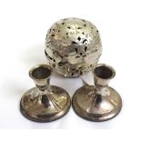 A Mixed Lot comprising: Silver Plated Pot Pourri with hinged lid and Pair of Dressing Table