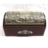 A late 20th Century Mahogany Effect Jewel Chest with embossed hallmarked Silver Mounted Curved