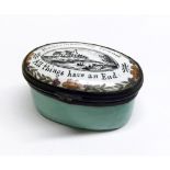 A Bilston type Enamelled Snuff Box, oval shaped, the enamelwork in good condition, the lid inscribed