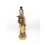 A 20th Century Carved and Painted Ivory Figure of a Geisha with a bird on her right arm, (neck