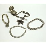 Mixed lot comprising a late 19th Century Carlton style white metal watch chain suspending a nickel