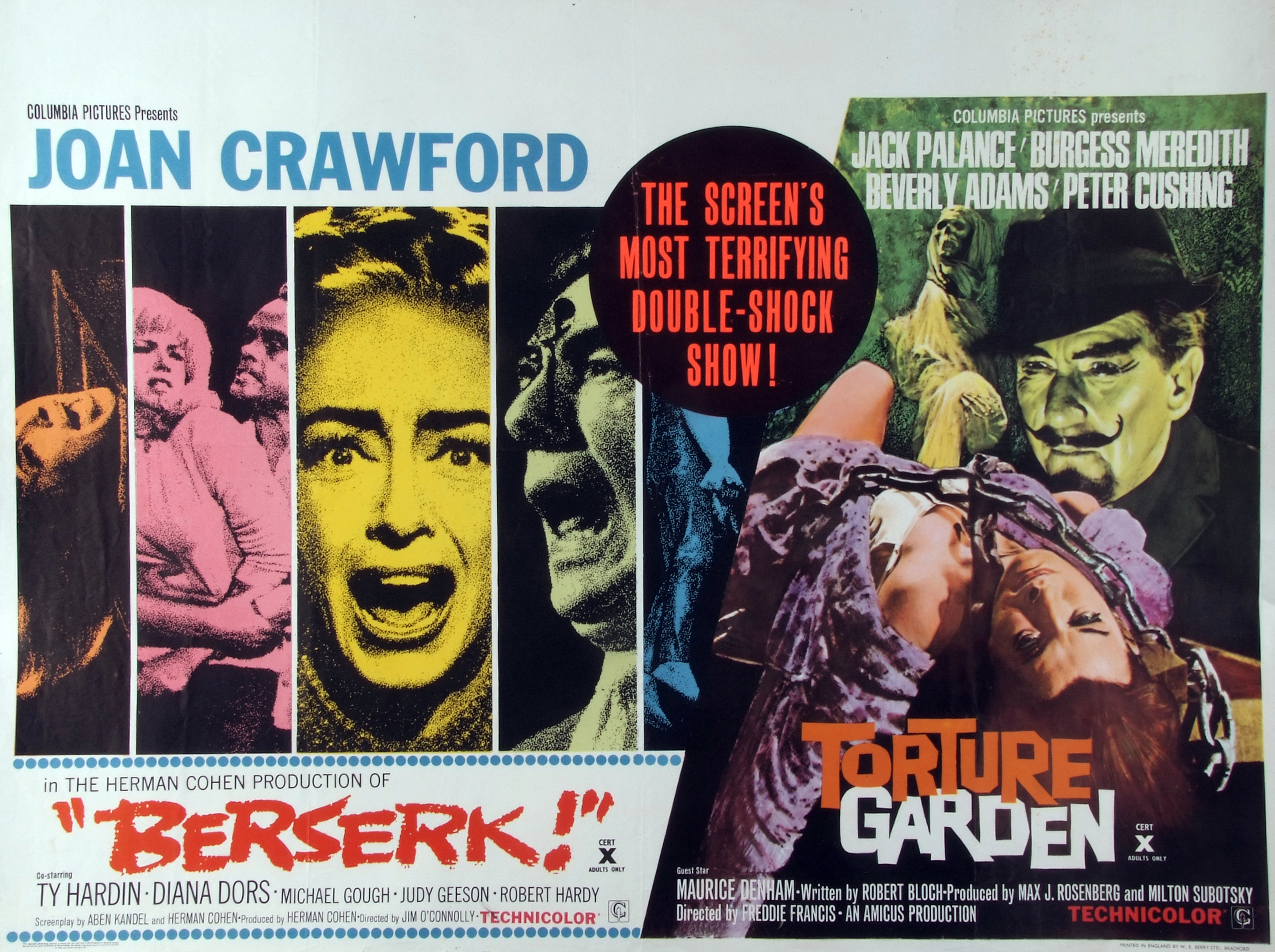 BESERK! - TORTURE GARDEN, film poster double bill, starring Joan Crawford, Jack Palance and