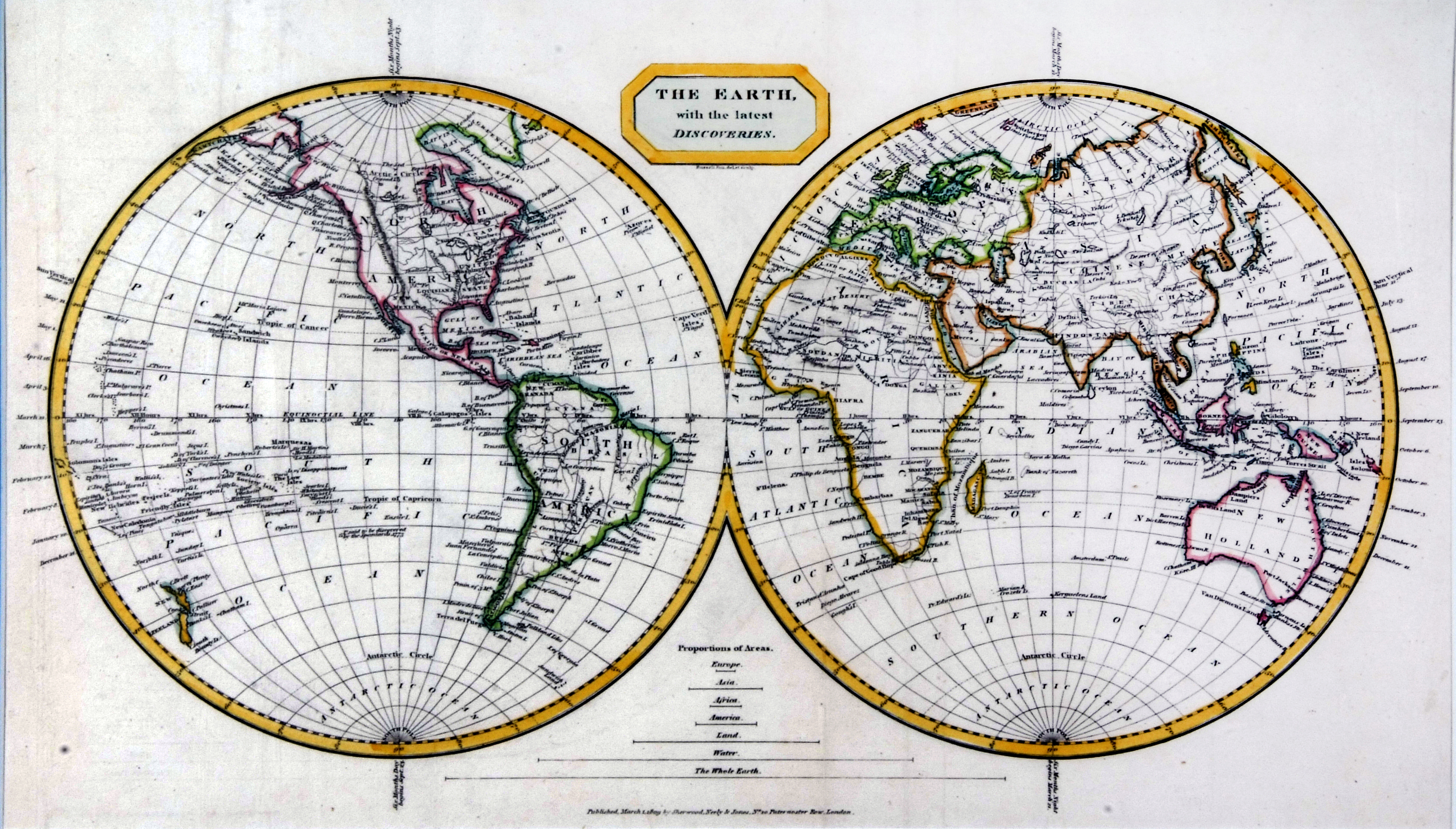 RUSSELL: THE EARTH WITH THE LATEST DISCOVERIES, engrd outline hand col'd map, 1809, approx 9 1/2"