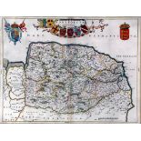 JOAN BLAEU: NORTFOLCIA NORFOLKE, engrd hand col'd map [1645], French text verso, approx 15" x 19 1/