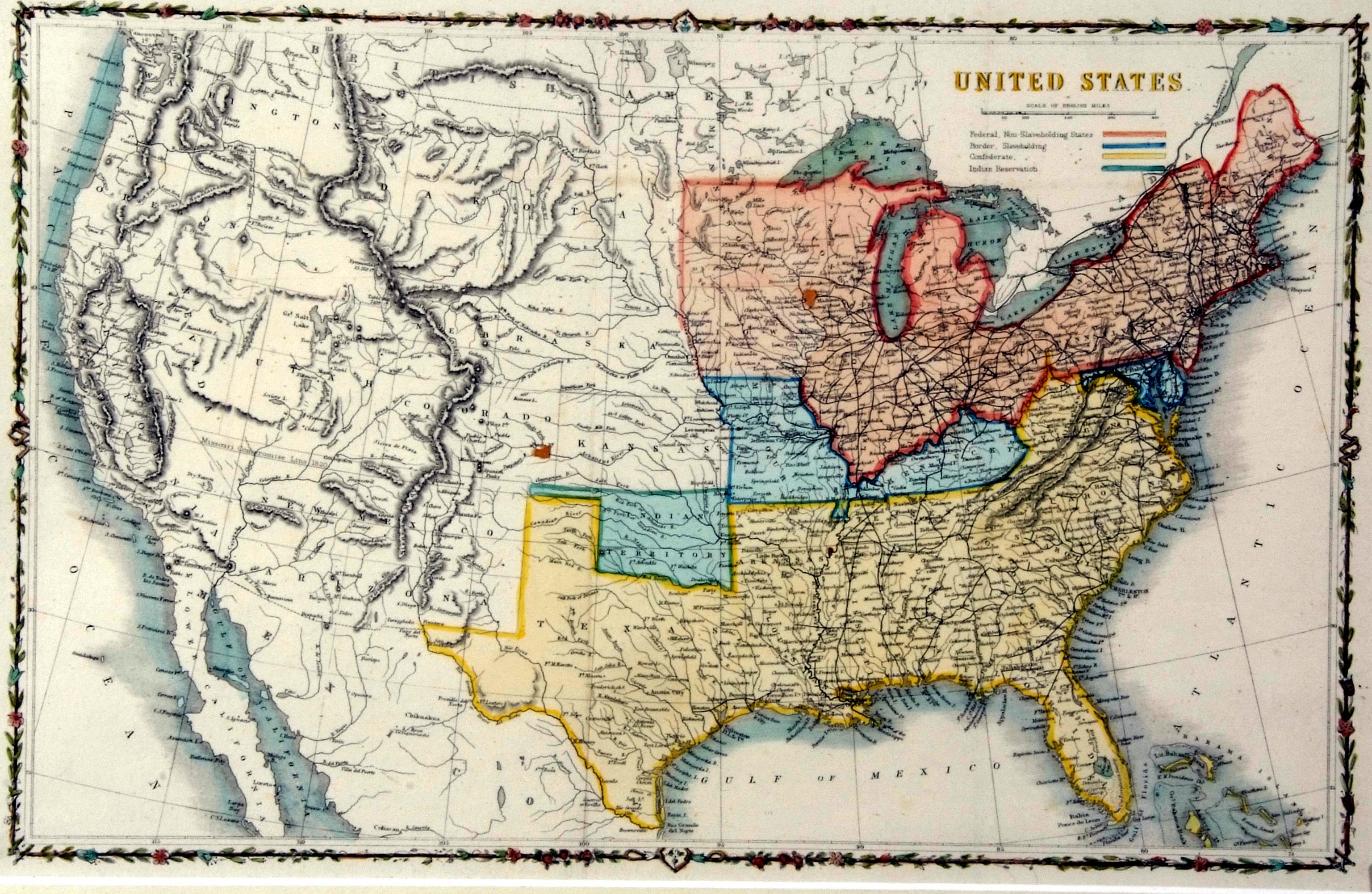 UNITED STATES, engrd part hand col'd map, circa 1870, decor floriated border, approx 10 1/4" x 16