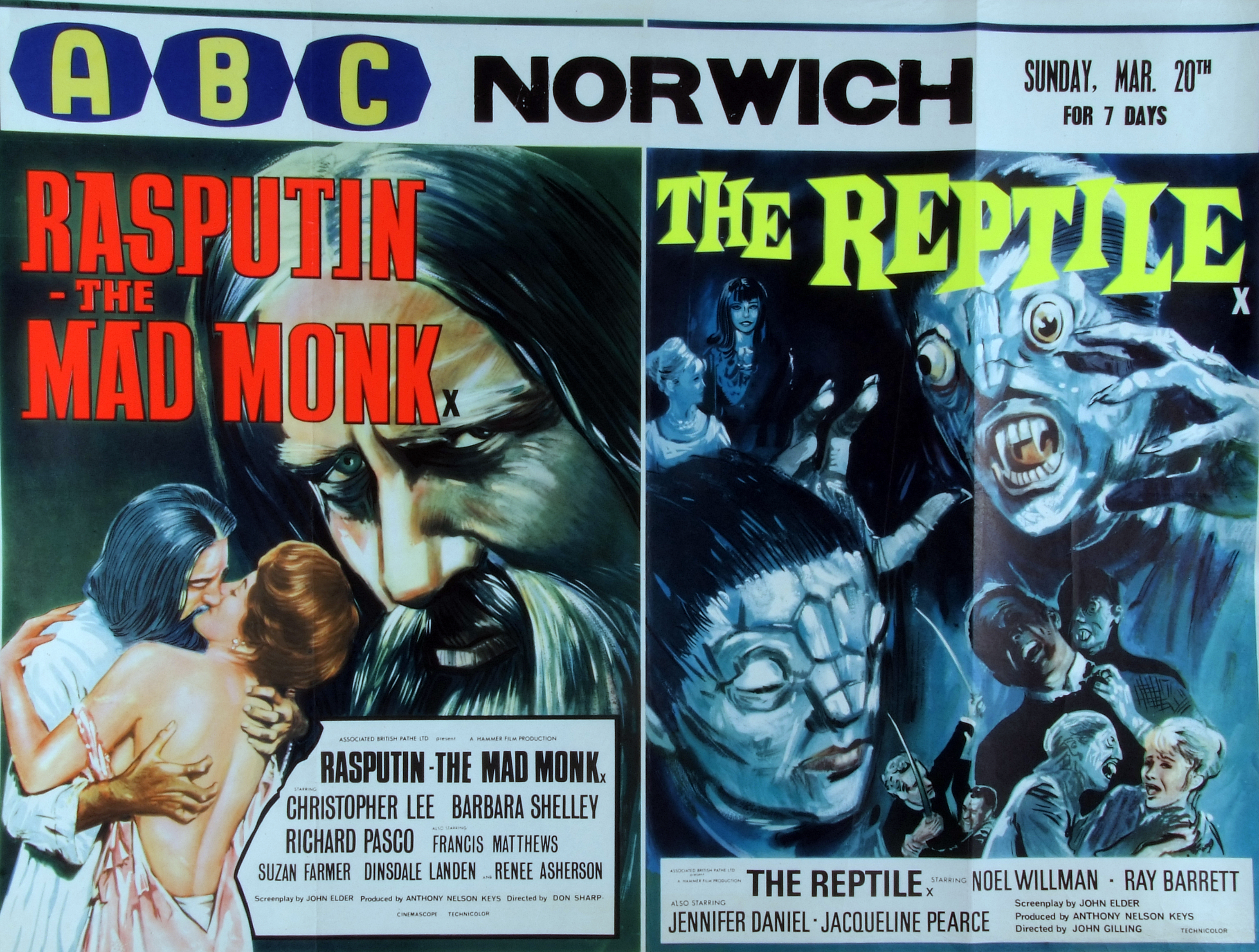 RASPUTIN THE MAD MONK - THE REPTILE, film post double bill, starring Christopher Lee, Barbara