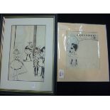 HILDA COWHAM:  2 original signed Pen, Ink and Crayon Cartoons, approx. 10 1/4" x 6 1/2", f/g and
