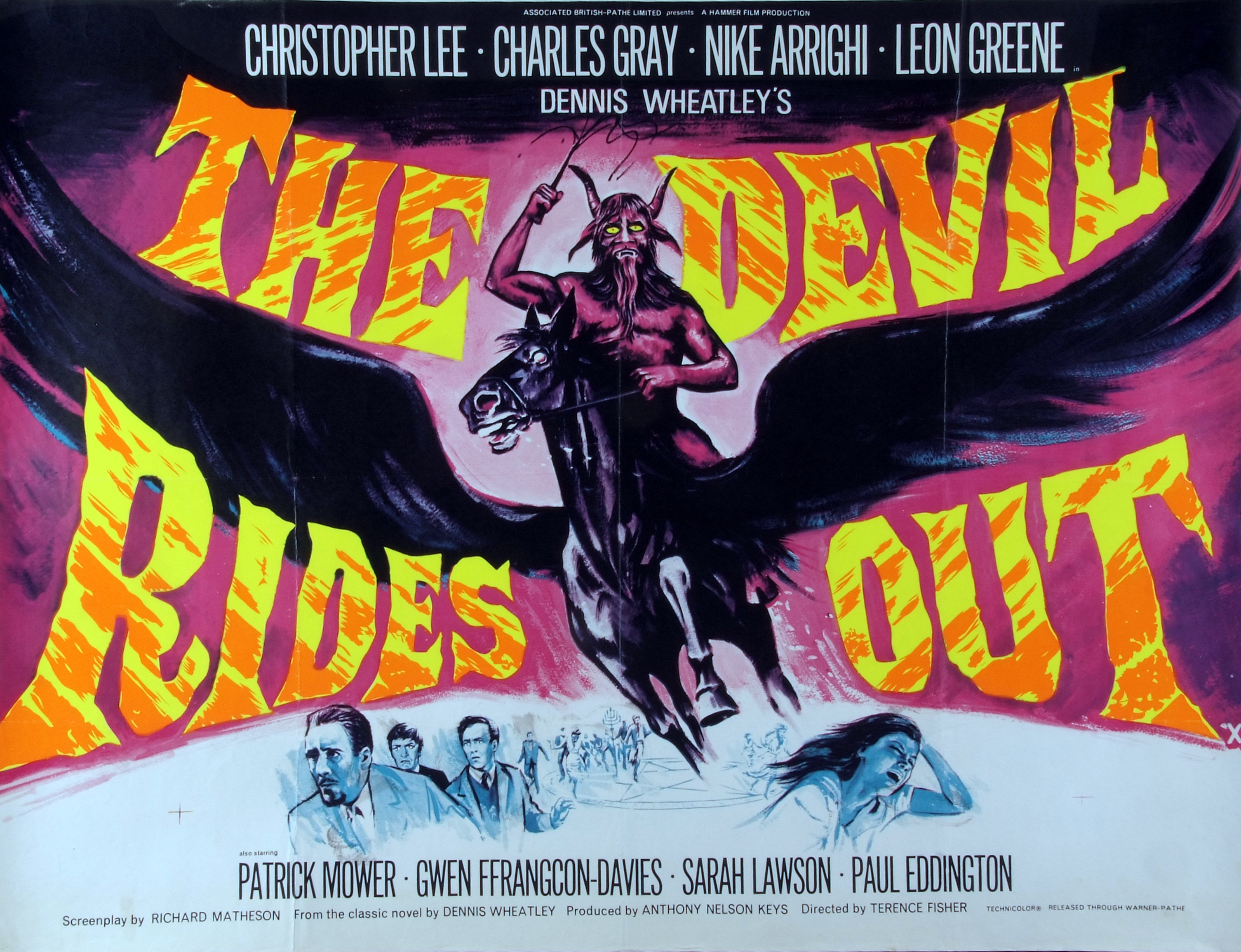 THE DEVIL RIDES OUT, film poster, starring Christopher Lee, Charles Gray and others, Quad approx 30"