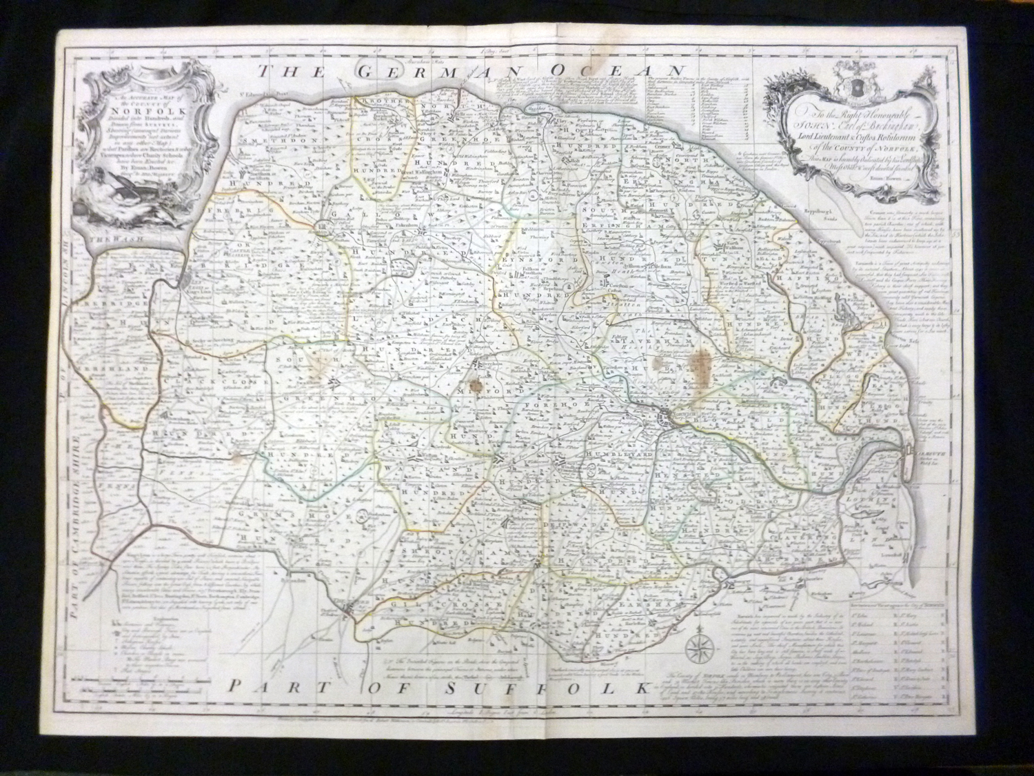 EMANUEL BOWEN: AN ACCURATE MAP OF THE COUNTY OF NORFOLK, engrd outline col'd map circa 1779,
