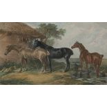 AFTER E LANDSEER, HAND COLOURED ETCHING WITH REMARQUE, "Horses in a Landscape", 9 x 14"