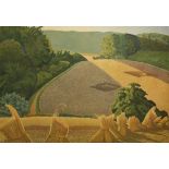 MODERN BRITISH SCHOOL, COLOURED PRINT, "Fields with Corn stalks", 17" x 21"