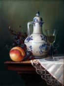 RAYMOND CAMPBELL, SIGNED, OIL ON PANEL, "Still Life Study of Mixed Fruit, Ewer and Wine Glass", 15