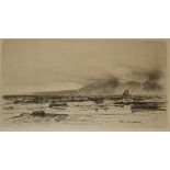 AFTER D Y CAMERON, BLACK AND WHITE ETCHING COASTAL SCENE, 5" x 9 1/2"