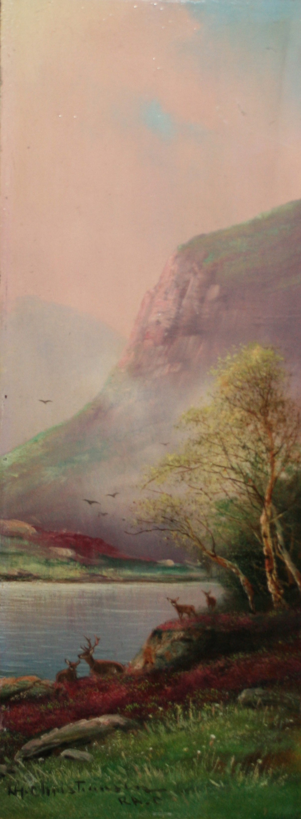 NILS H CHRISTIANSEN, RAC, SIGNED, OIL ON BOARD, "River Landscape with Deer", 12" x 4", unframed