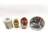 A Mixed lot: of Oriental Wares: a Chinese Lidded Circular Container with inscriptions (restored);