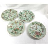 Collection of four various Celadon Plates, typically painted in traditional colours with birds,