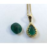 A yellow metal framed Teardrop Shaped Emerald Set Pendant, 10mm drop, mounted on a hallmarked 9ct