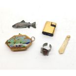 A Mixed Lot comprising: a small modern Cloisonni Finish Bag; a Trout-shaped Brooch and other mixed