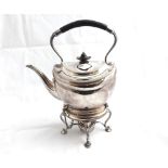 Silver plated Spirit Kettle of oval form, fitted with ebonised handle and lid finial, raised on a