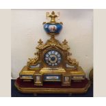 Late 19th Century porcelain mounted and gilt Spelter Mantel Clock, the shaped case surmounted by a