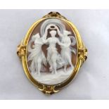 Good quality Victorian Gold framed Shell Cameo Brooch depicting  The Three Graces , cushioned and