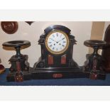 Late 19th Century French black and variegated rouge marble Clock Garniture, the arched case with
