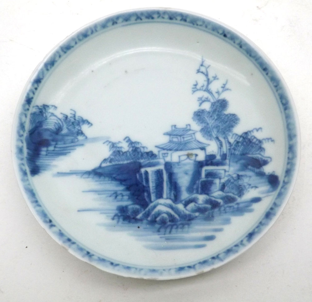 A Nankin Cargo Tea Bowl and Saucer, typically decorated in underglaze blue with Chinese river scene, - Image 2 of 7