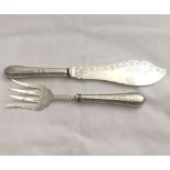 A pair of Victorian Silver Bladed Fish Servers with engraved blades and beaded and engraved handles,