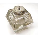 A heavy cut glass Inkwell of square form, fitted with a hinged Silver plated lid, 4  high