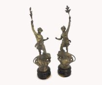 Pair of late 19th Century Spelter figures entitled  Le Pouvoir  and  La Force , 19  high