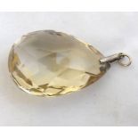 Large facet cut Citrine tear-drop shape pendant with white metal suspending loop, drops 1 >  long