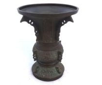 Chinese Bronze Patinated Trumpet Vase of tapering form, the body decorated with panels of Kaolin and