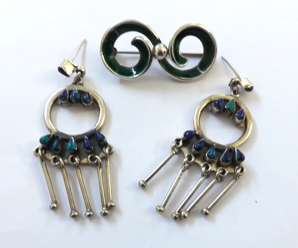 A pair of Mexican Designer type white metal and enamelled Multi-Drop Earrings, stamped  Mexico,