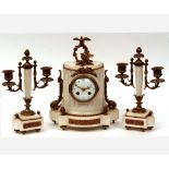 Early 20th Century gilt metal mounted White Marble Clock Garniture, the shaped column case