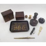 A Box of various mixed items to include Miniature Three Drawer Chest, small Oriental Lacquered Tray,