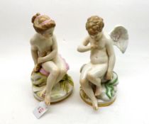 Pair of European figures of a winged Putto and his female companion, each naturalistically painted