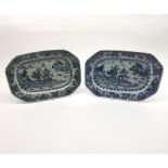 Pair of Nanking Platters of typical canted rectangular form, decorated in underglaze blue with