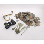 A Box of various assorted Coinage, Brass Coat Hook, Coffee Spoons etc
