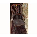 Victorian Elm seated stick and splat back Armchair, raised on turned legs with H stretcher, 36  wide