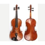 An early 20th Century unnamed Violin, double purfling sides, two-piece back, in pale varnish finish,