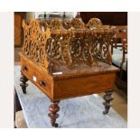 Victorian Walnut Canterbury Magazine Rack, the top with three sections over a single drawer,