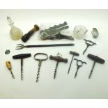 A Mixed Lot comprising: assorted Vintage Corkscrews, Cut Glass Dressing Bottle with Cruet Base,