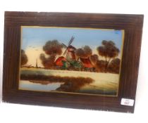 Pair of unusual reverse painted on glass pictures depicting Broadland scenes, one with Wherry by