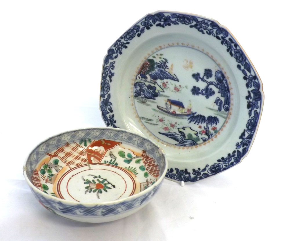 An 18th Century Chinese Soup Bowl of octagonal form, the centre decorated in underglaze blue and